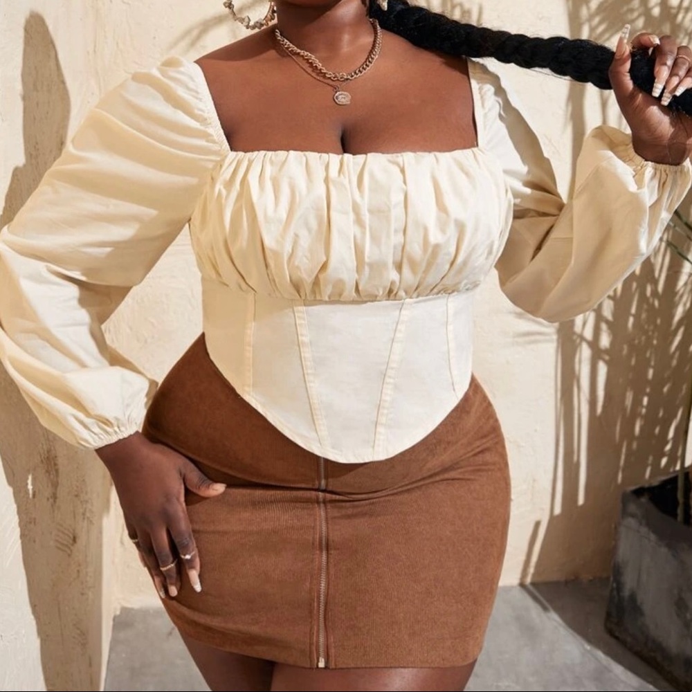 Plus Lantern Sleeve Ruched Bust Asymmetrical Hem Top